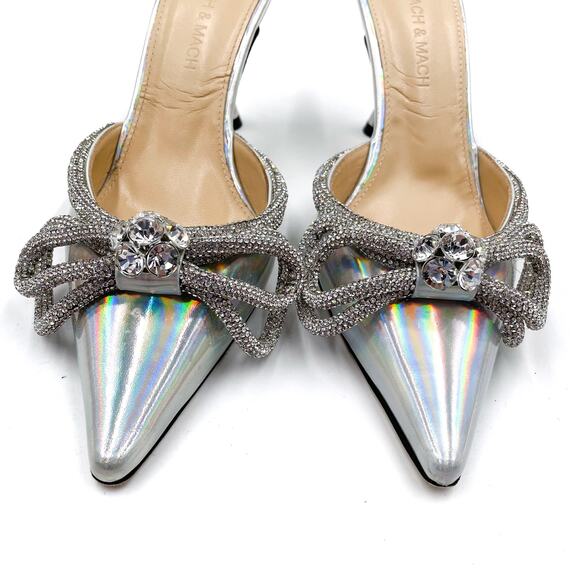 Mach & Mach Crystal Double Bow Mules Silver Iridescent Kitten Heel‎ Sz 37 / 7 - Picture 3 of 11